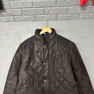 Kapraun Brown Quilted Leather Field Jacket Mens Size 50 Handmade Wool Trim Coat